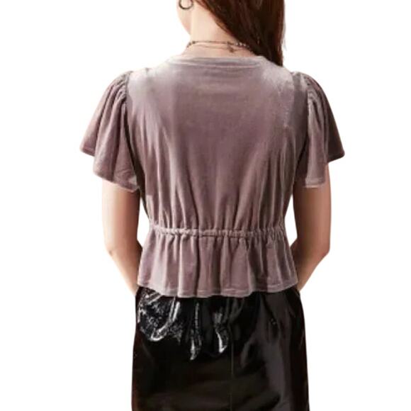 Urban Outfitters Goldie Velvet Tie Top Flutter Sleeve Size Small Silver Velour - Picture 2 of 8